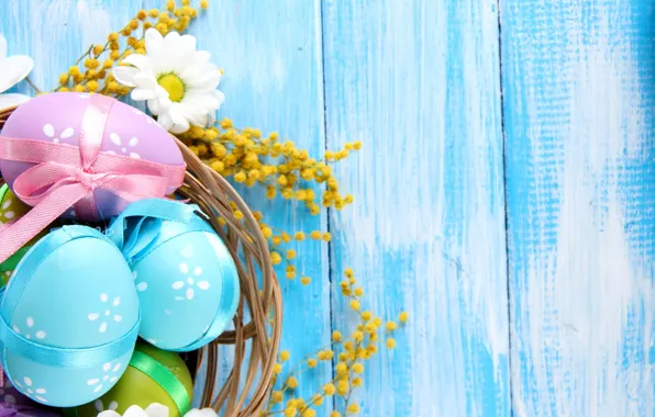 Picture flowers, tree, chamomile, eggs, spring, Easter, pastel, blue