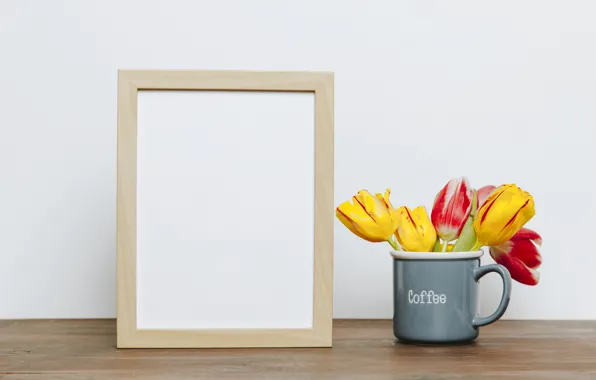 Picture flowers, photo, bouquet, frame, colorful, mug, tulips, flowers