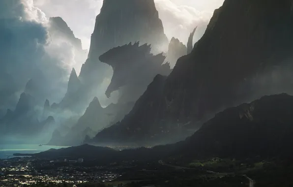 Picture mountains, the city, fiction, rocks, monster, giant, hawaii, godzilla