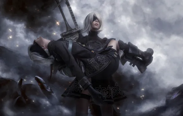 Girl, fire, smoke, guy, cosplay, NieR: Automata, YoRHa No. 2 type B, YoRHa No. 9 …