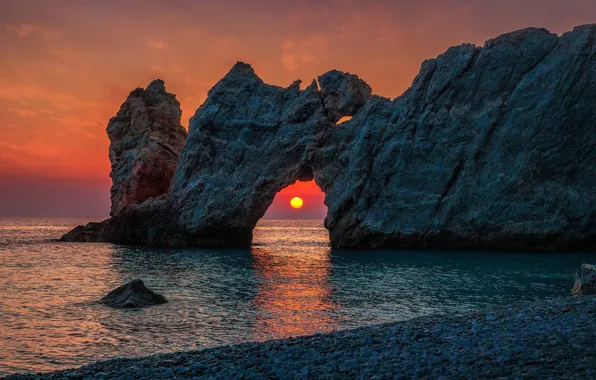Sea, the sun, sunset, rocks, shore, arch