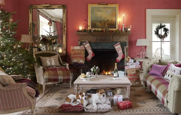 Decoration, heat, tree, candles, New Year, Christmas, fireplace, champagne