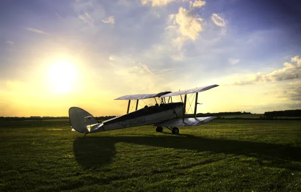 Picture field, the sky, grass, the sun, shadow, British, training, biplane