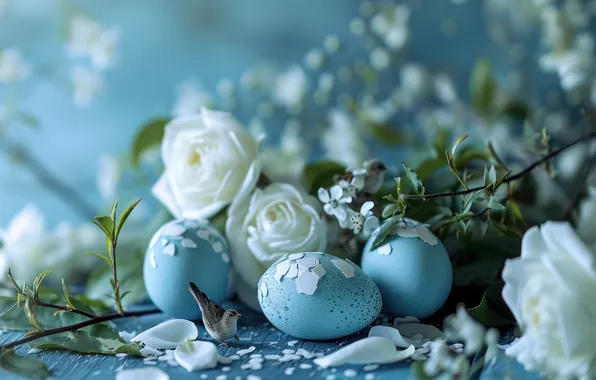 Flowers, branches, holiday, roses, eggs, blue, Easter, white