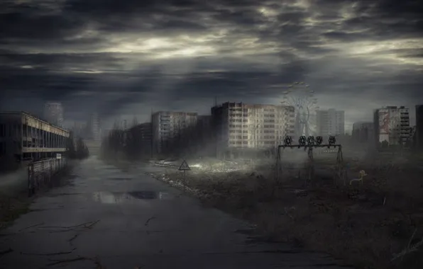 Road, night, the city, Pripyat, Ukraine