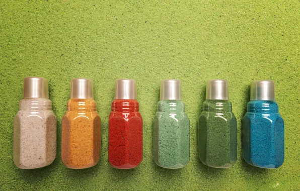 Jars, colorful, green background, Spa, bottle, sea salt, salt for the bath