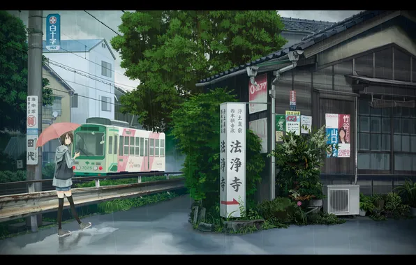 The city, umbrella, rain, street, train, anime, girl