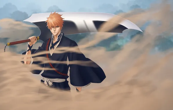 Picture sand, the wind, dust, sword, art, guy, bleach, Kurosaki Ichigo