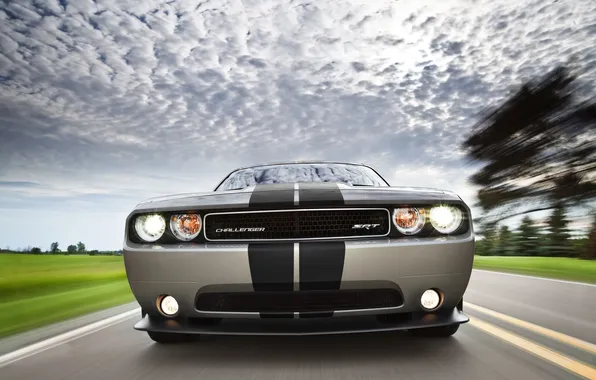 Picture road, the sky, clouds, lights, speed, blur, Dodge, bumper