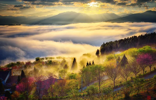 Picture the sky, the sun, clouds, rays, light, mountains, fog, hills