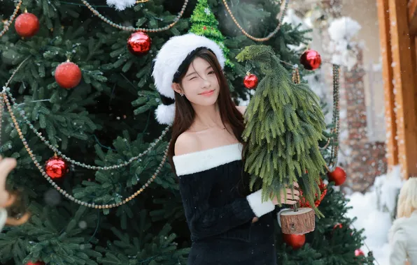 Beautiful, Christmas, Asian, Model, Winter, Tree, Smile, Snow