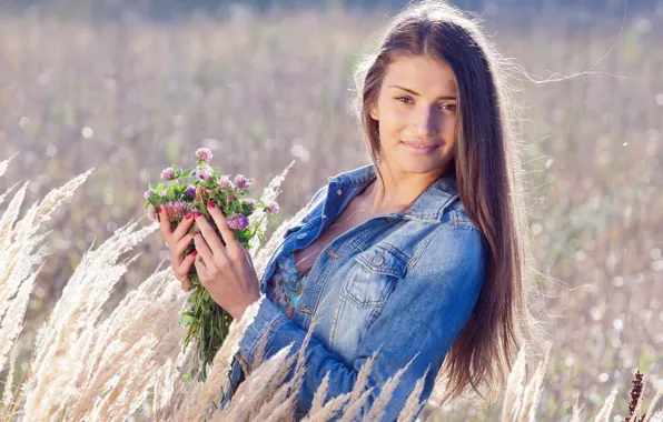 Field, girl, flowers, girl, summer, flowers, mood