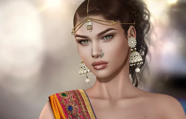 Girl, decoration, earrings, saree