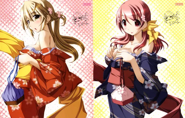 Flowers, girls, pattern, Two, handbag, kimono, yukata, friend