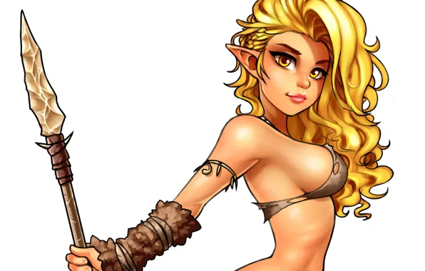 Chest, look, elf, art, blonde, beauty, spear