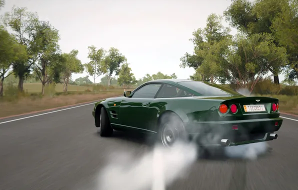 Aston Martin, burnout, Forza Horizon 3, british racing green, 1999, Vantage Le Mans V600