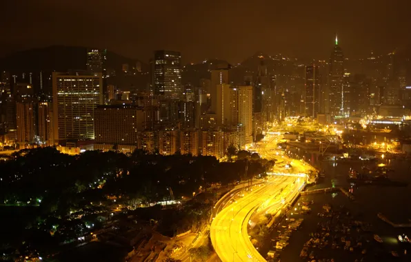 China, Road, Hong Kong, Lights, Night, Panorama, Building, China