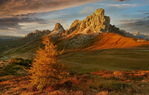 Road, field, autumn, clouds, light, mountains, rocks, the slopes