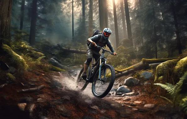 Forest, trees, bike, fog, stones, sport, people, glasses
