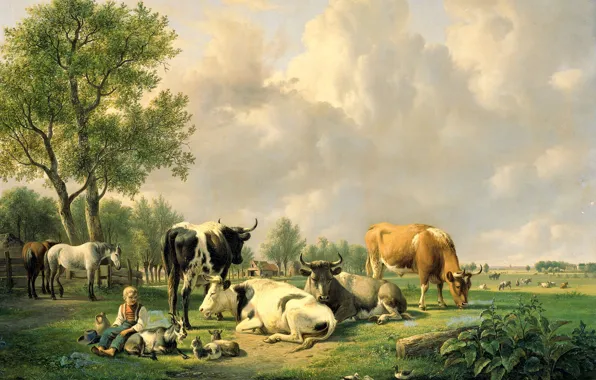 Animals, oil, picture, canvas, Jan van Ravenswaay, Meadow with Cattle