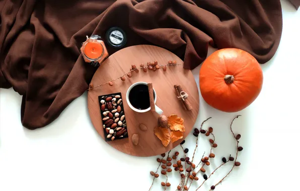 Autumn, branches, table, coffee, candle, fruit, mug, Cup