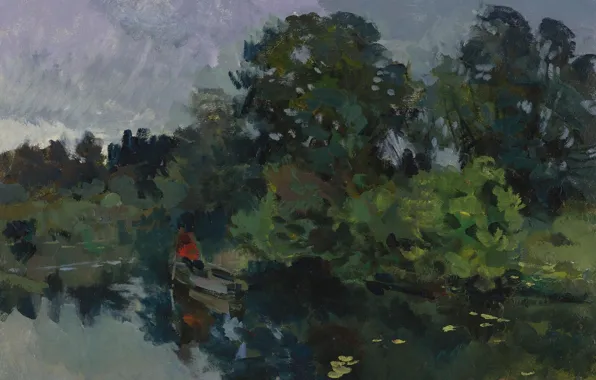Trees, landscape, boat, picture, Konstantin Korovin, On the lake with lilies