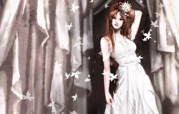 Flower, girl, curtain, white dress, Falling leaves