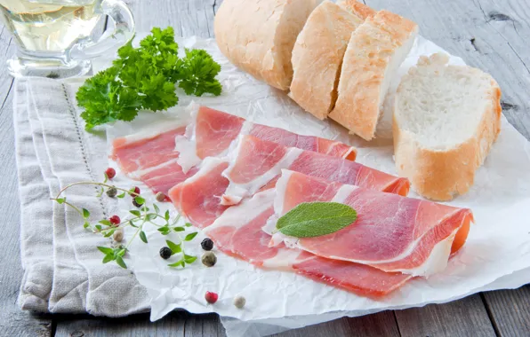 Greens, bread, bacon, spices, meat, bacon