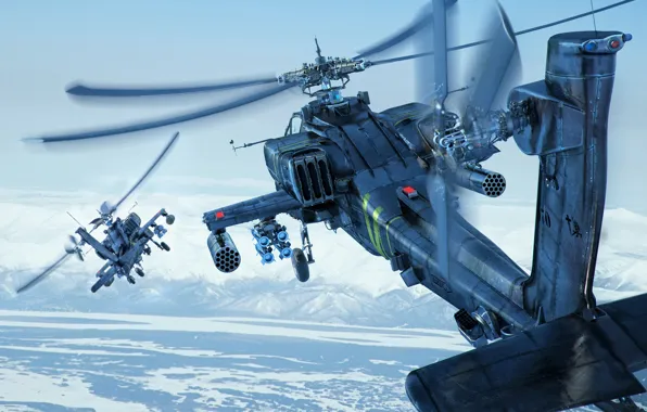 The sky, snow, mountains, earth, helicopters, Boeing, combat, Apache