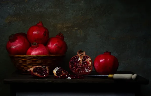 The dark background, table, knife, still life, network, grenades