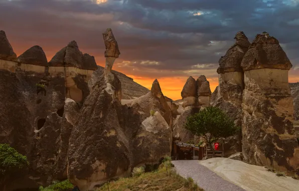 Picture road, landscape, clouds, nature, rocks, Turkey, Fairy Chimneys, Pashabag