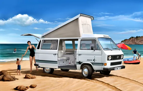 Beach, Girl, Stones, Child, Volkswagen T3, Camper