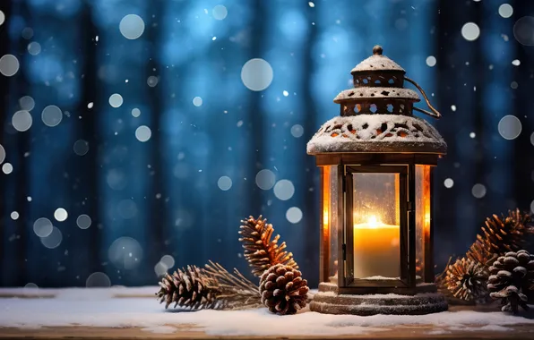 Winter, snow, night, Christmas, lantern, New year, Christmas, night