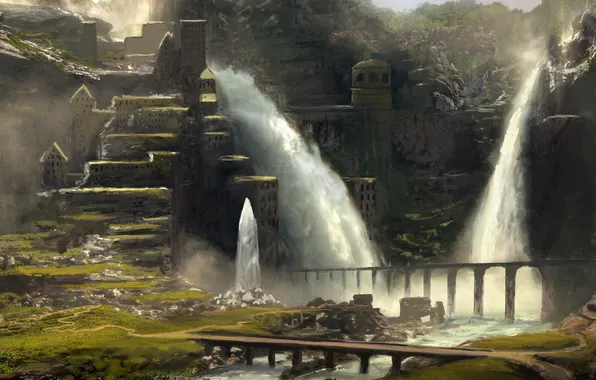 Bridge, the city, river, rocks, waterfall, art, aqueduct
