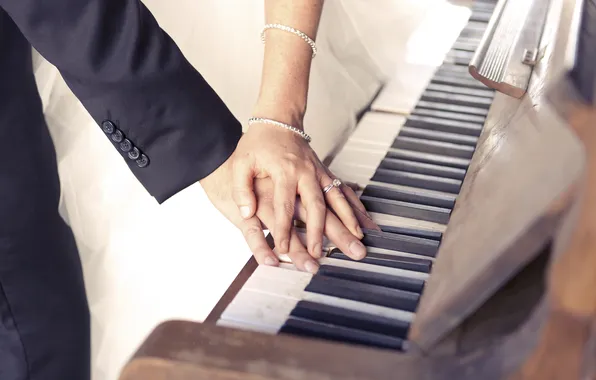 Love, hands, keys, ring, fingers, lovers, piano, the bride
