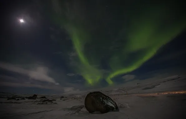 Winter, stars, snow, night, Northern lights