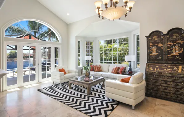 Design, furniture, Windows, chandelier, mansion, design, living room, room