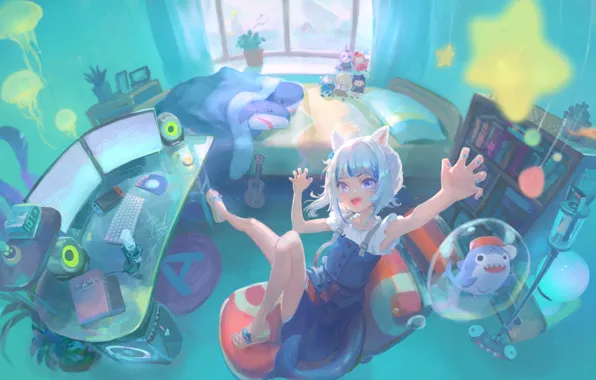 Computer, girl, room, toys, sharks, Virtual Youtuber, Gawr Gura, CatShark Gura