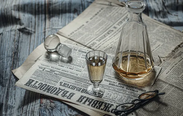 Newspaper, stack, decanter