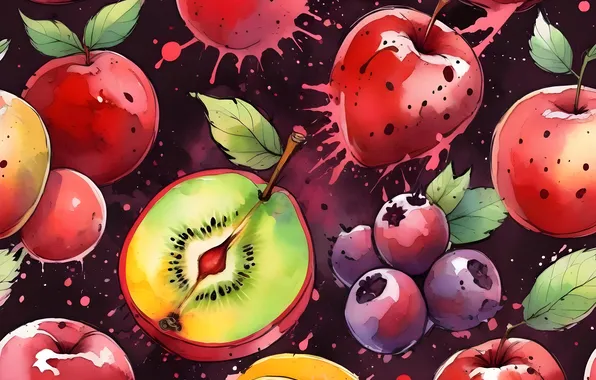 Leaves, drops, berries, the dark background, apples, texture, blueberries, fruit