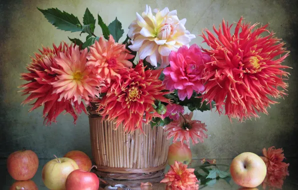 Picture flowers, apples, fruit, dahlias, pots
