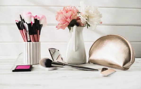 Flowers, bouquet, makeup, vase, wood, flowers, cosmetics, brush