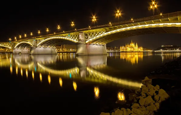 Night, lights, river, Parliament, Hungary, Budapest, The Danube, Margaret bridge