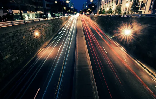 Picture road, machine, night, the city, lights, movement, speed, street