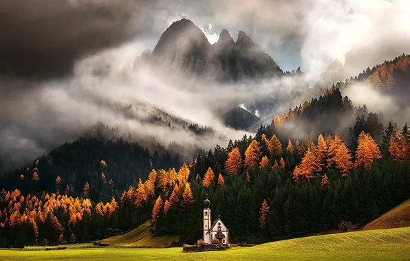 Field, autumn, forest, clouds, trees, mountains, Alps, chapel