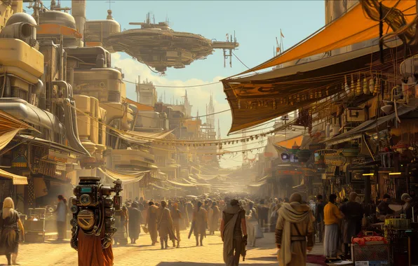 City, fantasy, Robot, sky, science fiction, clouds, dust, spaceship