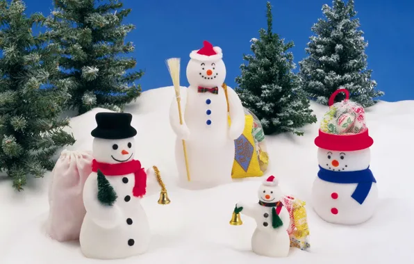 Snow, holiday, gifts, snowmen, bell