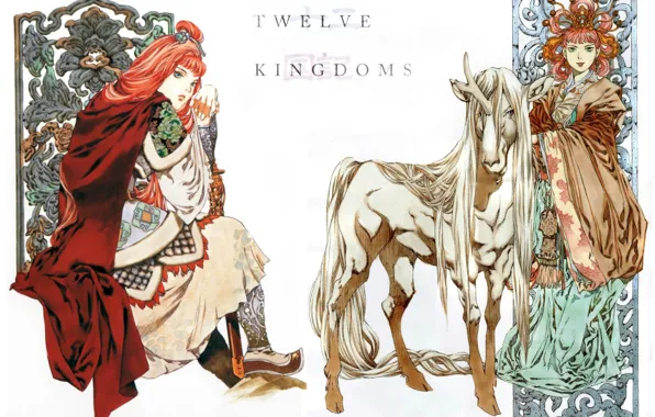 Sword, hairstyle, unicorn, red, cloak, unicorn, Youko Nakajima, the Twelve Kingdoms