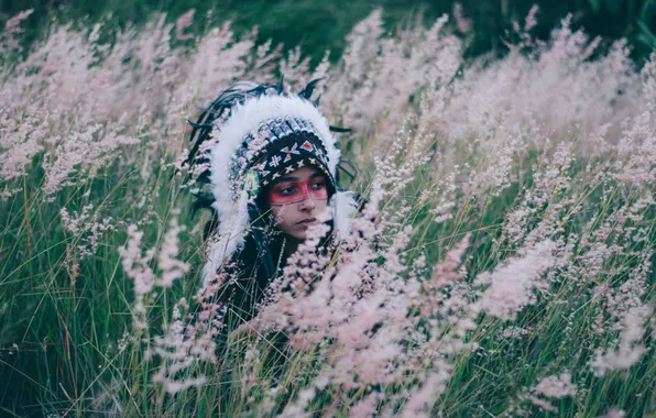 Summer, grass, girl, face, feathers, paint, headdress