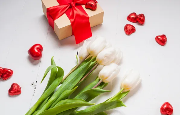 Bouquet, hearts, tulips, love, bow, fresh, flowers, romantic
